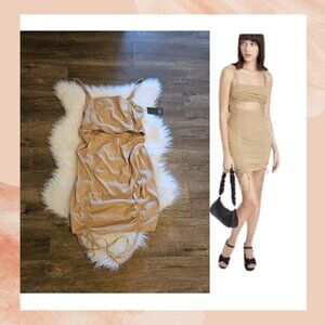Tan Taupe Cut-Out Ruched Mini Bodycon Dress